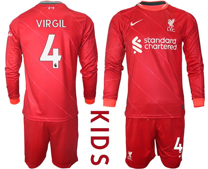 Youth 2021-2022 Club Liverpool home red Long Sleeve #4 Soccer Jersey